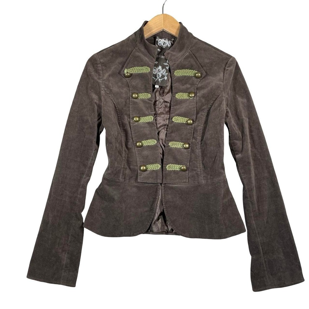 Y2k brown suede marching band style jacket with green accents by Bambu